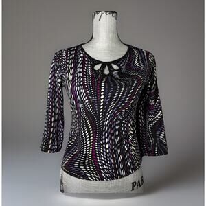 Y2K Top Retro Print 3 Keyhole Collar White Purple Black Club Shirt 3/4 Sleeve